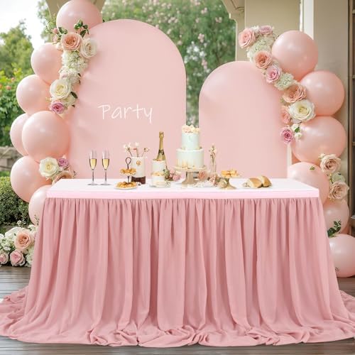 14FT Chiffon Table Skirt Sheer Tablecloth for Wedding 1st Baby Girl Birthday Party Bridal Shower Decoration Dusty Rose - Image 2