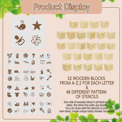 138 Pcs Baby Shower Blocks to Decorate, Wooden Blocks for Baby Shower, Decorate A Block Baby Showers, Wood Box with 52 Wooden Block 36 Paint Markers 1 Game Sign 48 Stencil Templates - Image 5