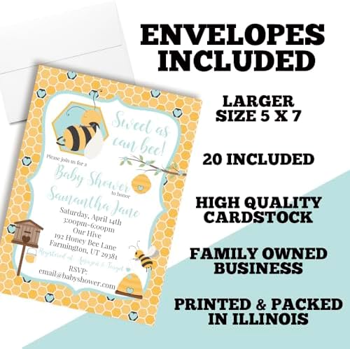 Custom Baby Shower Invites Bumble Bee Invitation for Boys, 20 Pack of 5x7 Personalized Honeycomb Invites with Envelopes - Unique Bumble Bee Baby Shower Cards by AmandaCreation - Image 6