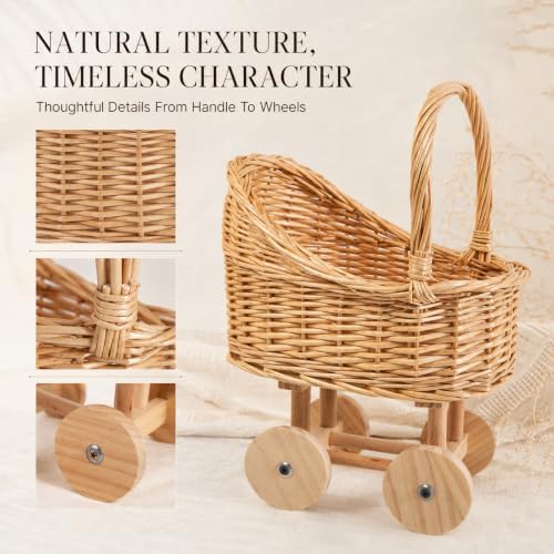 Wicker Baby Carriage Basket, Vintage Rattan Stroller Flower Basket for Baby Shower Centerpiece, Woven Carriage Decor for Wedding, Nursery Display and Photography Prop (Small) - Image 4