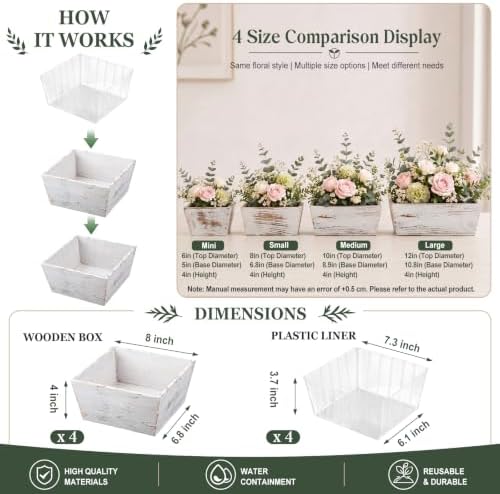 Dandat 4 Set 8 Inch Wooden Flower Box Rustic Table Centerpieces,White - Image 2
