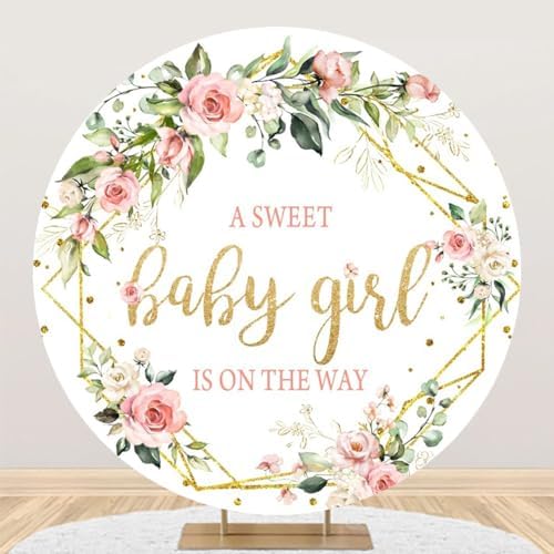 Baby Shower Round Backdrop Cover 7.2ft Boho Pink Floral Girls Circle Background Flowers Green Leaves A Sweet Baby Girl is On the Way Baby Shower Party Decoration Banner Photo Studio Prop by OFILA