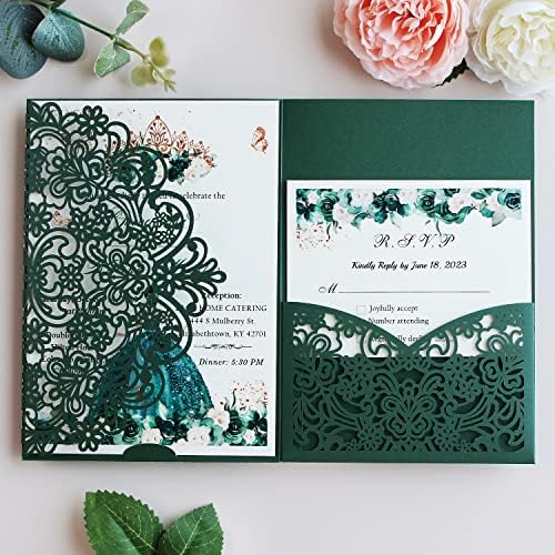 Hosmsua 50PCS Personalized Emerald Green Laser Cut Quinceanera Invitation Pocket, 5.12 x 7.2 Laser Cut Lace Flora wedding Invitation with Envelopes for Sweet 16, Mis XV, Quince Invitation - Image 3