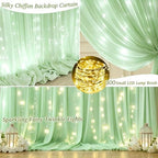 Shillance 10x10ft Sage Green Chiffon Backdrop Curtain with Lights String for Wedding Sheer Tulle Curtain Photo Backdrops Drapes for Baby Shower Birthday Party Ceremony Decorations - Image 3