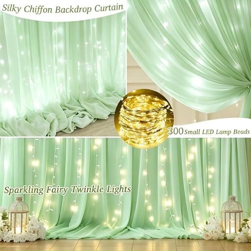 Shillance 10x10ft Sage Green Chiffon Backdrop Curtain with Lights String for Wedding Sheer Tulle Curtain Photo Backdrops Drapes for Baby Shower Birthday Party Ceremony Decorations - Image 3