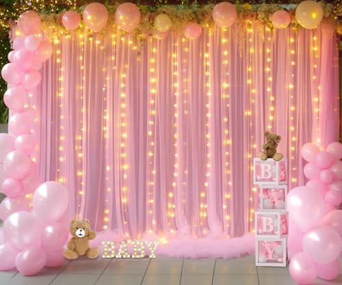 Pink Tulle Backdrop Curtains with Lights String for Parites 20ft×8ft Pink Sheer Backdrop Curtains for Baby Shower Girls Bridal Shower Birthday Party Photo Shoot Decorations(4 Panels 5×8ft) - Image 3