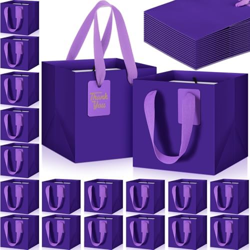 Windyun 50 Pcs Mini Paper Gift Bags with Handle 6 x 6 x 6'' Square Small Favor Bag with DIY Thank You Tag for Christmas Birthday Wedding Bridal Shower Bridesmaid Graduation Party (Purple) by Windyun