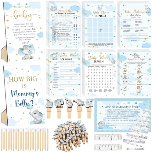 Funnymoom 426 Pcs Blue Elephant Baby Shower Games Set, 8 Activities by Funnymoom