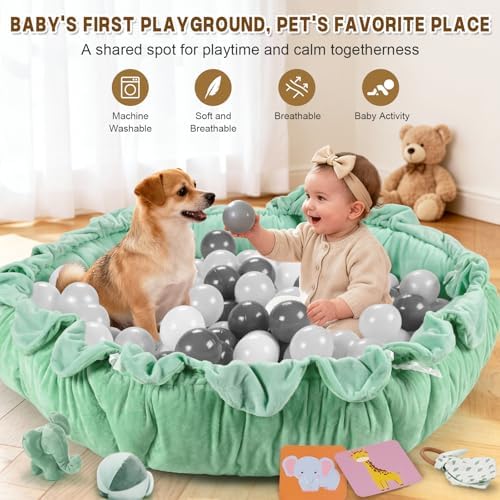 5-in-1 Baby Activity Gym & Play Mat with 6 Hanging Toys, Tummy Time Mat & Cards - Extra Large, Reversible Machine Washable Pad - Gift for Newborns, Infants 0-12 Months, Sage Green - Image 6