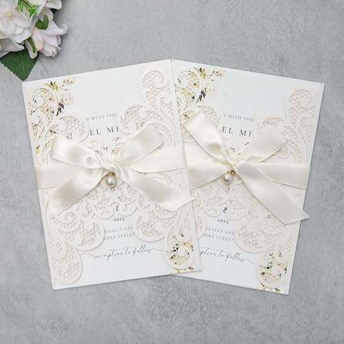 20Pcs Personalized Wedding Invitation, Customized Ivory Laser Cut Invitation Cards With Envelopes Rhinestone Pearls and Ribbons For Wedding XV Anos Quinceanera Invitation - Image 5