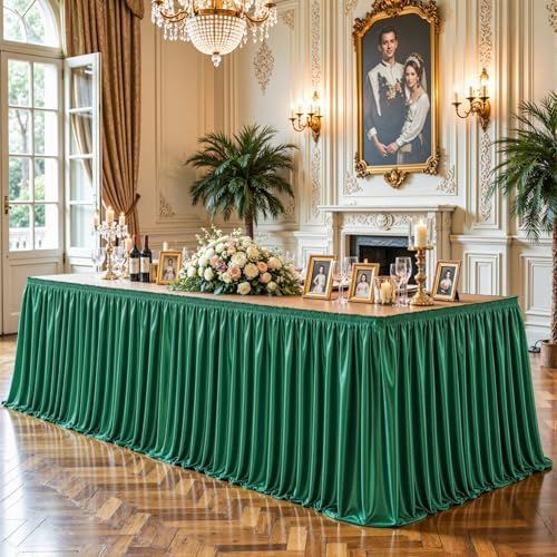 17ft Length Satin Green Table Skirt Rectangle Tables, Wrinkle Free Pleated Ruffle Table Cloth Glitter Desk Skirting for Weddings Birthday Party Satge Banquet Dining Table Decorations - Image 5