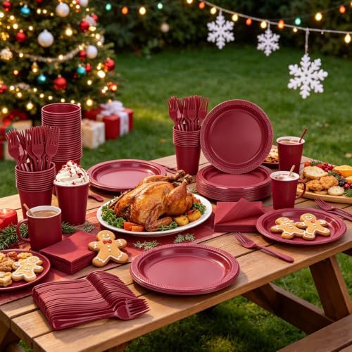 200pcs Burgundy Plastic Plates Party Supplies, Disposable Maroon Plates and Napkins, 9" Dinner Plates, Napkins, Cups & Cutlery Plastic Dinnerware Set for Birthday, Wedding, Christmas, Serves 50 Guests - Image 5