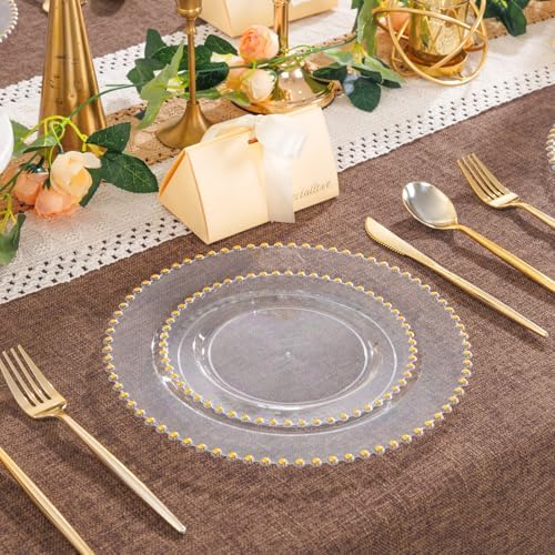 LIYH 150 Pcs Clear and Gold Plastic Plates - Elegant Disposable Gold Plastic Dinnerware set Include Dinner & Dessert Plates for Birthday Party Wedding 30 Guests - Image 3