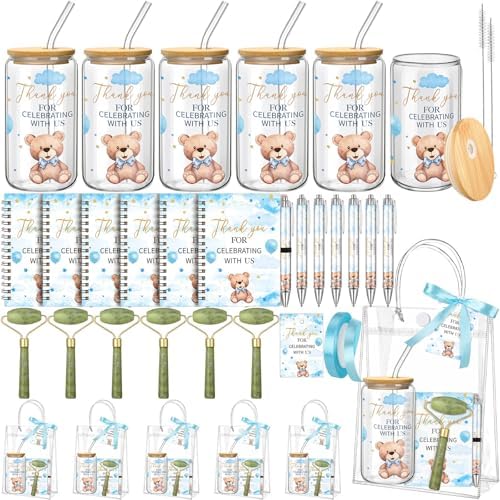 Reallnaive 6 Set Bear Baby Shower Game Prizes for Player Winners Tumblers with Lids Straws Roller for Face Pens Spiral Notebooks Gift Bags for Baby Bridal Shower Wedding Game Favors by Reallnaive