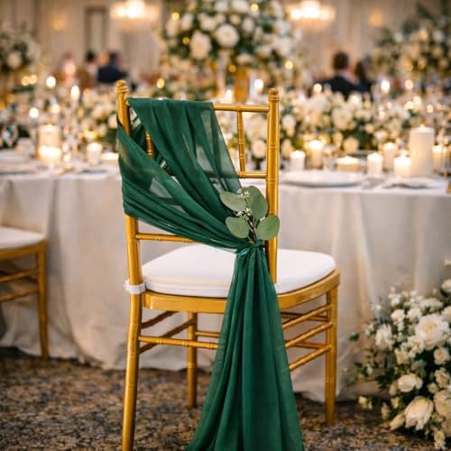 QueenDream Emerald Green Chair Sashes Wedding: 50 Pieces Long Sheer Wedding Aisle Chair Decorations Tulle Chairs Covers with Artificial Eucalyptus - Image 5