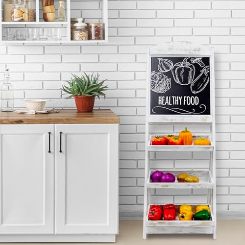 MyGift Shabby Whitewashed Wood Freestanding Chalkboard Easel with 3-Tiered Display Shelves, Decorative Chalkboard Plant Shelf Stand - Image 2