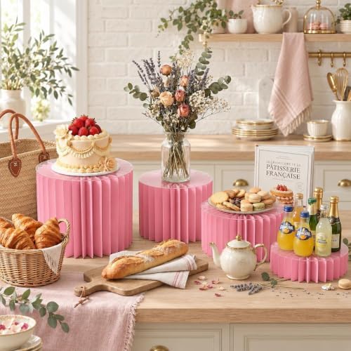 iobiotio Foldable Cake Stand Set, Reusable Buffet Risers, 4 Pack Round Dessert Stands with Acrylic Tops, Cardborad Display Stands for Weddings, Birthdays, Baby Showers, Parties, Home Decor, Pink - Image 7