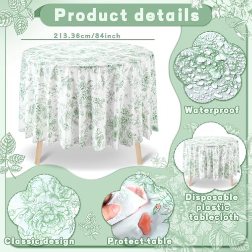 Ganeen 12 Pcs Sage Green Floral Plastic Tablecloth 84 in Spring Round Vintage Flower Tea Party Tablecloth Disposable Green and White Table Covers for Tea Party Birthday Wedding Baby Shower Decoration - Image 2