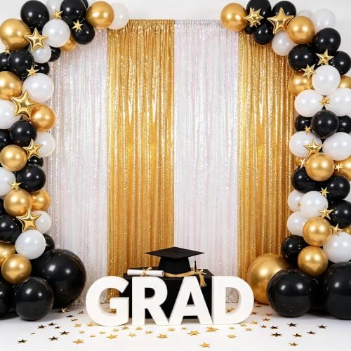 ShinyBeauty Sequin Photo Backdrop Curtains Gold Transparent White 2x8FT - Image 3