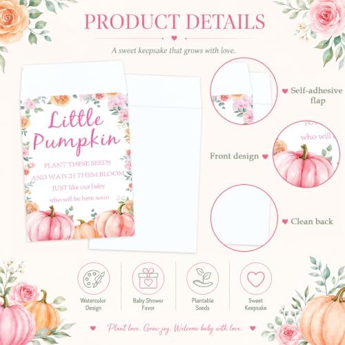 JarThenaAMCS 50 Sets Pink Little Pumpkin Baby Shower Party Favors Fall Planting Gift Set with Mini Pots Seed Packets Organza Bags Thank You Tags for Guests Autumn Thanksgiving Gender Reveal - Image 3