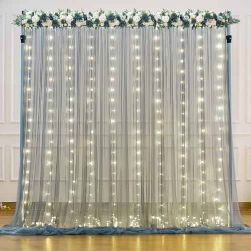 Silver Grey Tulle Backdrop Curtain with Lights String for Parites 10x10ft Sheer Backdrop Curtains for Birthday Party Bridal Shower Baby Shower Wedding Ceremony Prom Photo Booth Background Decorations by Suppromo