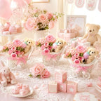 ZOCONE 3 Pack Wicker Baby Carriage Centerpiece with Strawberry Bear, Artificial Rose & Peony Flower Bouquet, Baby Shower Centerpieces for Tables, Gender Reveal, Wedding, Birthday Party Decor - Image 6
