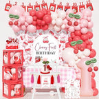 Hombae Cherry First Birthday Decorations – 125 PCs Cherry Themed 1st Birthday Party Supplies with Backdrop, Balloon Garland, Banner, Balloon Boxes, Number 1 Foil Balloon, Cake Topper by Hombae