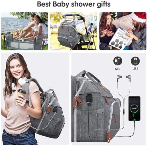 DERJUNSTAR Diaper Bag Backpack – Large Capacity Baby Diaper Bag with Changing Pad, Waterproof Travel Backpack for Boys & Girls, Multi-Function Baby Bag with USB Charging Port, Grey - Image 6