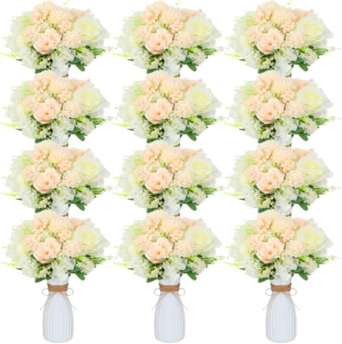 12 Set Artificial Hydrangea Peony Flowers with Vase, Champagne by Unknown