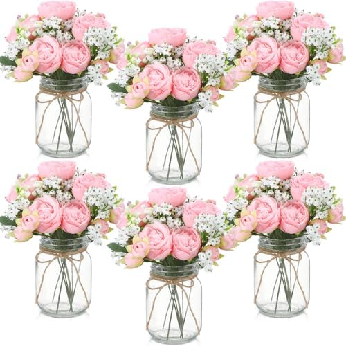 Zeyune 6 Sets Mason Jar Flowers Centerpiece Table Decorations,Light Pink by Zeyune