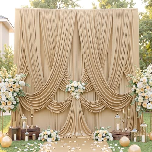 30ft×12ft Wrinkle Free Champagne Backdrop Curtain for Wedding Parties, 6 Panels 5×12ft Long Silky Polyester Fabric Backdrop Drapes Photo Back Drop Curtains for Birthday Photography Background Cloth by ENJOYYOURPARTY