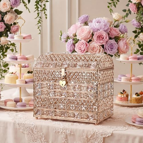 ELLDOO Crystal Wedding Card Box with Heart Lock, Vintage Money Card Box Treasure Chest Style Gold Gift for Wedding Receptions, Centerpiece Decor, Anniversary Keepsake, Gift, Small Size - Image 3