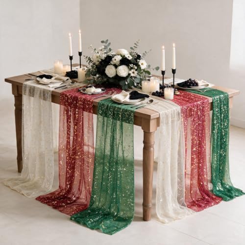 Artoid Mode 6PC Beige Red Green Gauze Table Runner 120 Inch 10FT, Glitter Metallic Foil Sheer for Wedding Anniversary Holiday Birthday Home Party Decor by ArtoidMode