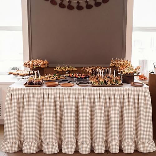 Flutesan 14 ft Brown Gingham Table Skirt for Rectangle Tables - Image 5