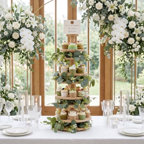 4 Tier Pine Wood Cupcake Tower with Sage Eucalyptus Vine Garland - Image 2