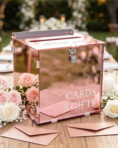 Rose Gold Acrylic Wedding Card Box with Slot and Lock, Mirror Acrylic Card Holder for Reception, Graduation, Bridal & Baby Shower, Birthday Party, Shiny Decorative Gift Boxes for Cards and Money by CORALMEE