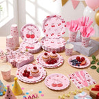 400 Pcs Cherry Birthday Party Decorations for 50 Guests, Red Pink Cherry Bow Scalloped Paper Plates Napkins Cups Cutlery for Pink Bow Coquette Baby Shower Bridal Shower Party Supply - Image 6