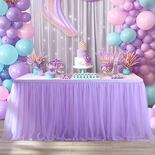 2 Pack 6ft Lavender Table Skirts for Rectangle Tables or Round Tables Lavender Ruffle Tulle Tutu Tablecloth for Girls Baby Shower Birthday Party Wedding Cake Dessert Table Decorations - Image 3