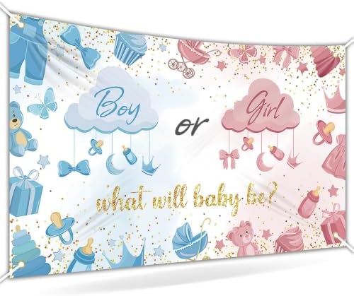 What Will Baby Be? Gender Reveal Backdrop Size 10x8 Ft Pink & Blue Clouds Design Boy or Girl Party Banner, Durable Polyester Photo Booth Background for Baby Shower Decorations by Unknown