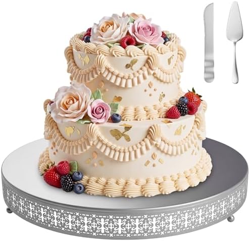 Wenqik Silver Metal Cake Stand 20 Inch with Cutting & Spatula by Wenqik