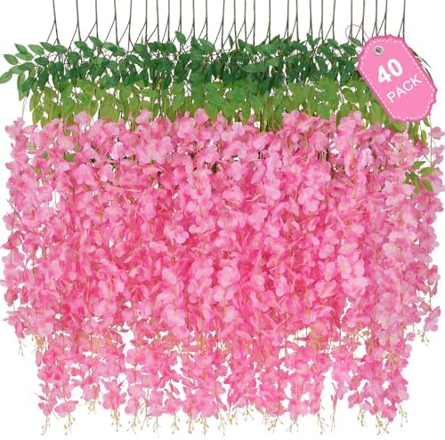40 Pack Pink Wisteria Hanging Flowers, Fake Hanging Flowers for Decoration, Artificial Hanging Flowers,Vines for Bedroom,Flower Garland for Home,Party,Garden, Wall,Wedding Decoration(3.6 Ft/Pcs) by Waipfaru