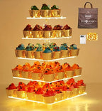 Jusalpha 5 Tier Square Acrylic Cupcake Stand with Light- Cake Holder by Jusalpha