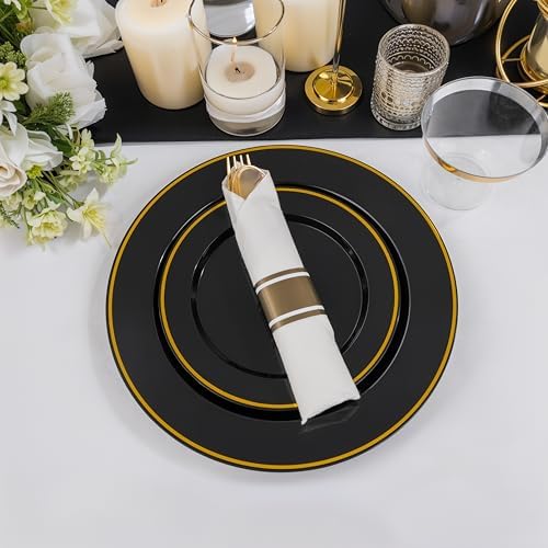 SUT 350 Pcs Black and Gold Plastic Dinnerware Set for 50 Guests, Include: 50 Dinner Plates, 50 Dessert Plates, 50 Pre Rolled Napkins With Silverware, 50 Cups, Disposable Plates for Party - Image 5