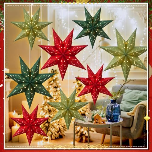 Youyole 12 Set Christmas Paper Star Lantern with Lights, 7 Pointed - Image 2