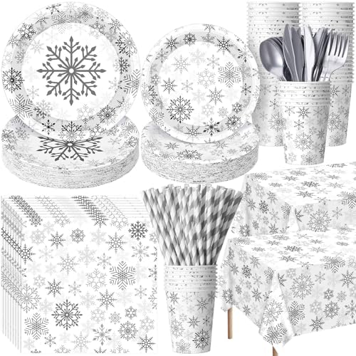 Funnymoom 452 Pcs Silver Winter Snowflake Party Supply 50 Plates Napkin Set by Funnymoom