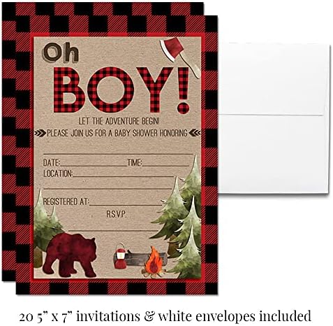 Oh Boy! Red and Black Plaid Lumberjack Boy Baby Shower Party Bundle Includes 20 Invitations with Envelopes + 4 Different Sizes of Decorative Stickers, Diaper Tickets & Bring a Book Cards - Image 4