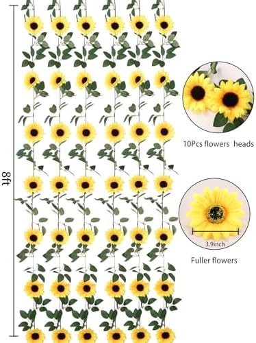 Artificial Sunflower Garland Decor, Silk Fake Sunflower Hanging Wreath Vines Flowers Garland for Outdoor Home Summer Party Table Wall Wedding Baby Shower Birthday Decor (6 Pack,8ft) - Image 4