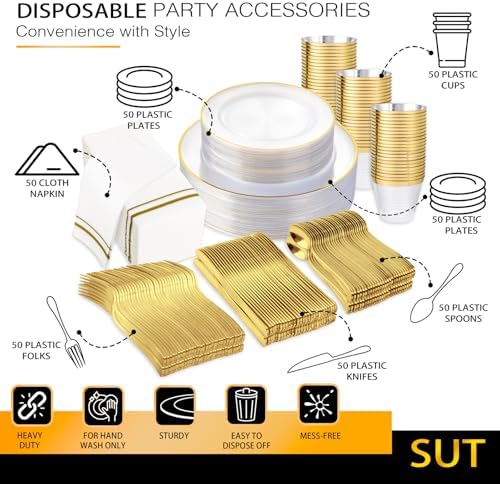 SUT 350Pcs Plastic Dinnerware Set for 50 Guests, Clear and Gold Plastic Plates, Disposable Plates and Napkins Party Supplies, Gold Silverware, Plates, Cups and Napkins Sets for Party Weddings - Image 5