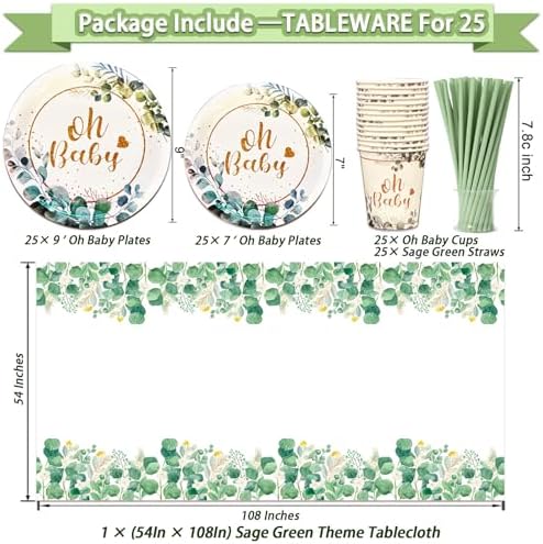 Guudmua 217 Pcs Sage Green Baby Shower Decorations, Neutral Baby Shower Decor Supplies- Disposable Dinnerware Set With Eucalyptus Leaf (25 Guest), "OH BABY" Banner, Balloon, Sash, Cake Topper - Image 3