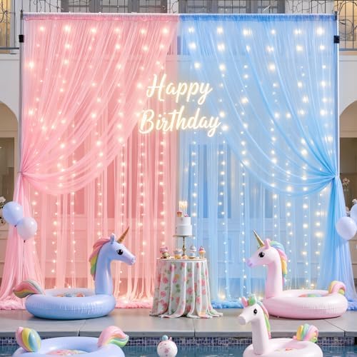 10ft x 10ft Pink Blue Tulle Photo Backdrop Curtain with Lights String for Gender Reveal Sheer Curtain Back Drop Baby Shower Backdrop for Boy or Girls Birthday Party Photo Booth Background Decorations - Image 3